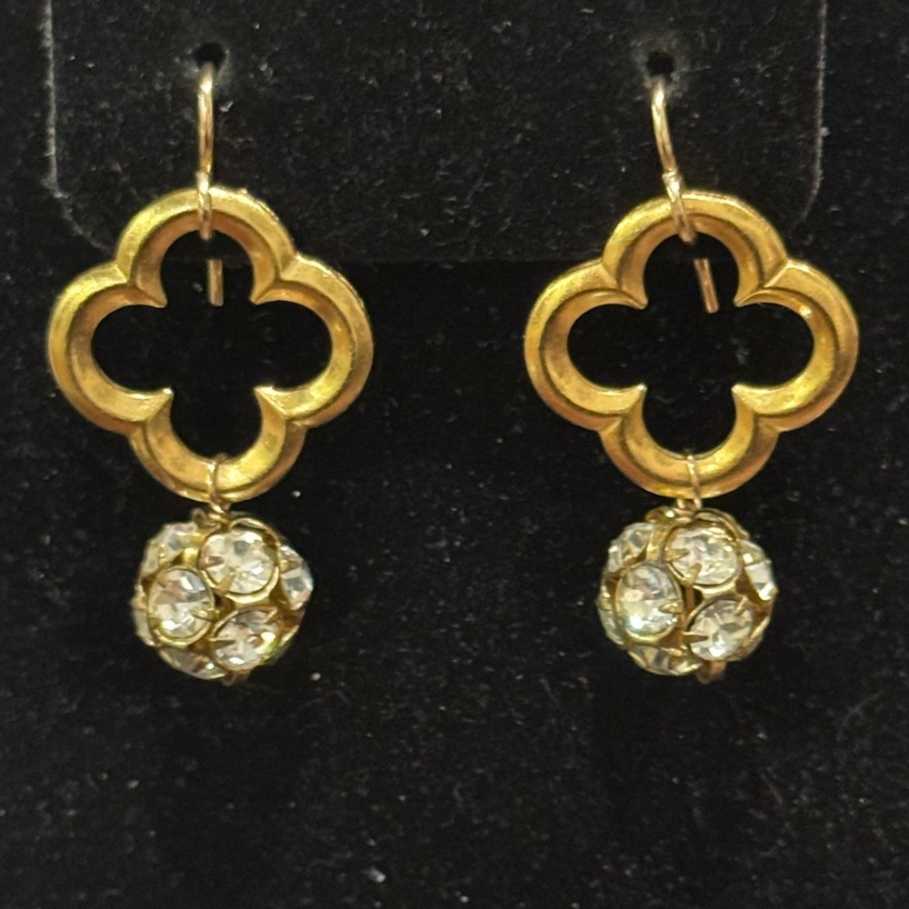 14k Gold Filled  Mia Clover Drop Rhinestone Ball Hoop Earrings